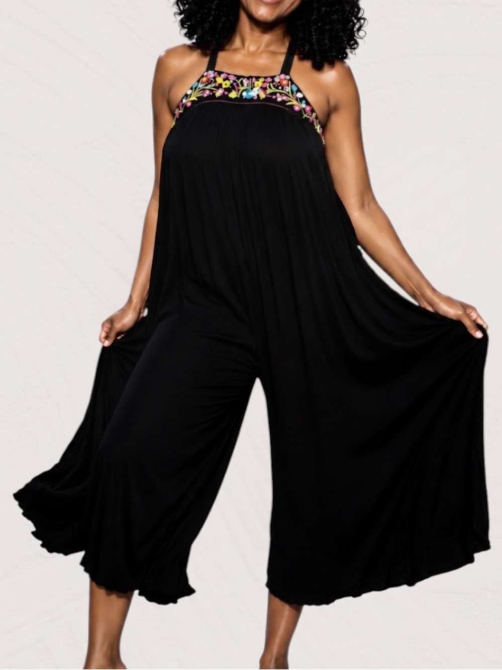 Kimchi Blue Beaded Embroidered Halter Lace up back black jumpsuit